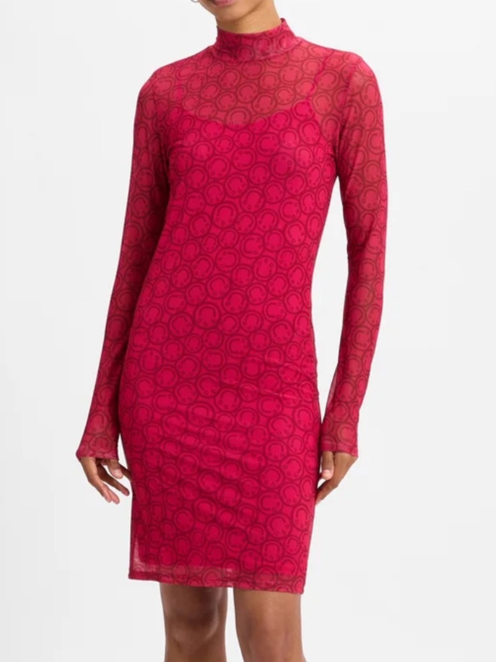 Hugo Hugo Boss Sz S Dress Sheer Long-Sleeve Mock Neck Logo Pink Mini retro。